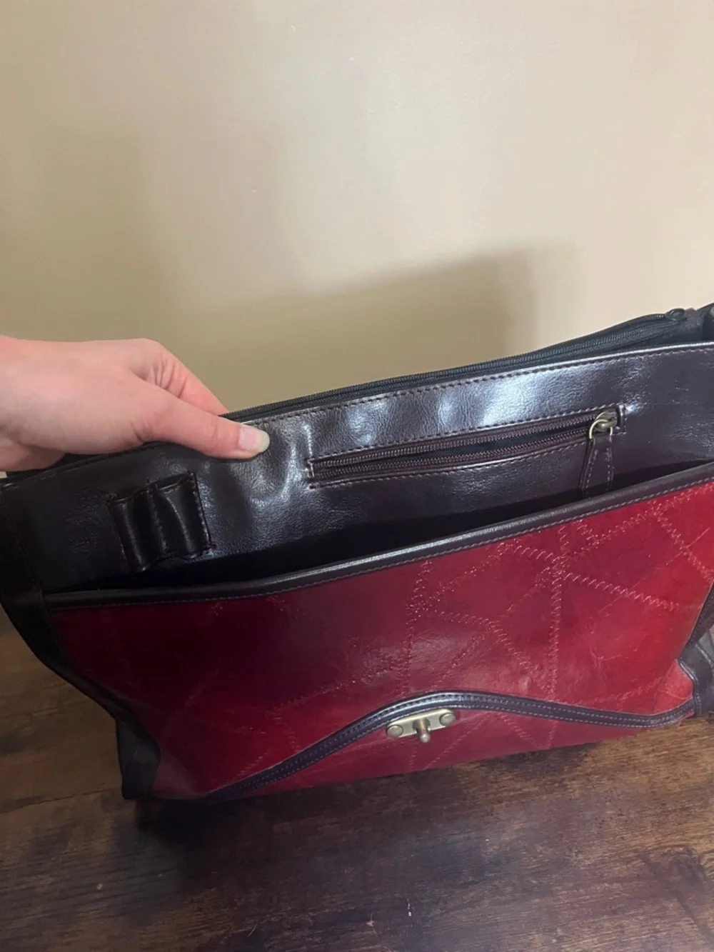Marc Chantal Red Leather Briefcase with Dark Brown Trim